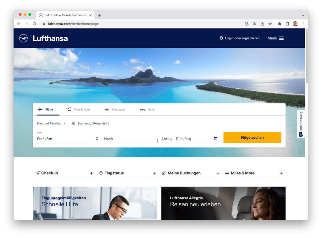 Buchungsseite von lufthansa.com