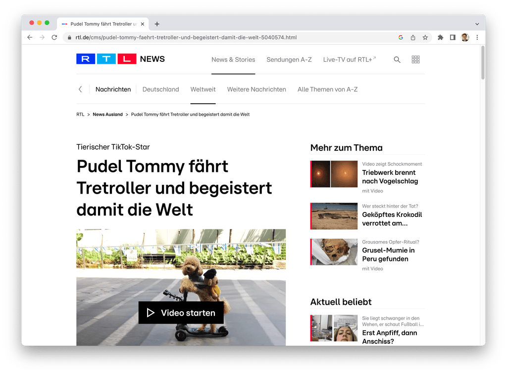 Die News-Seite von rtl.de