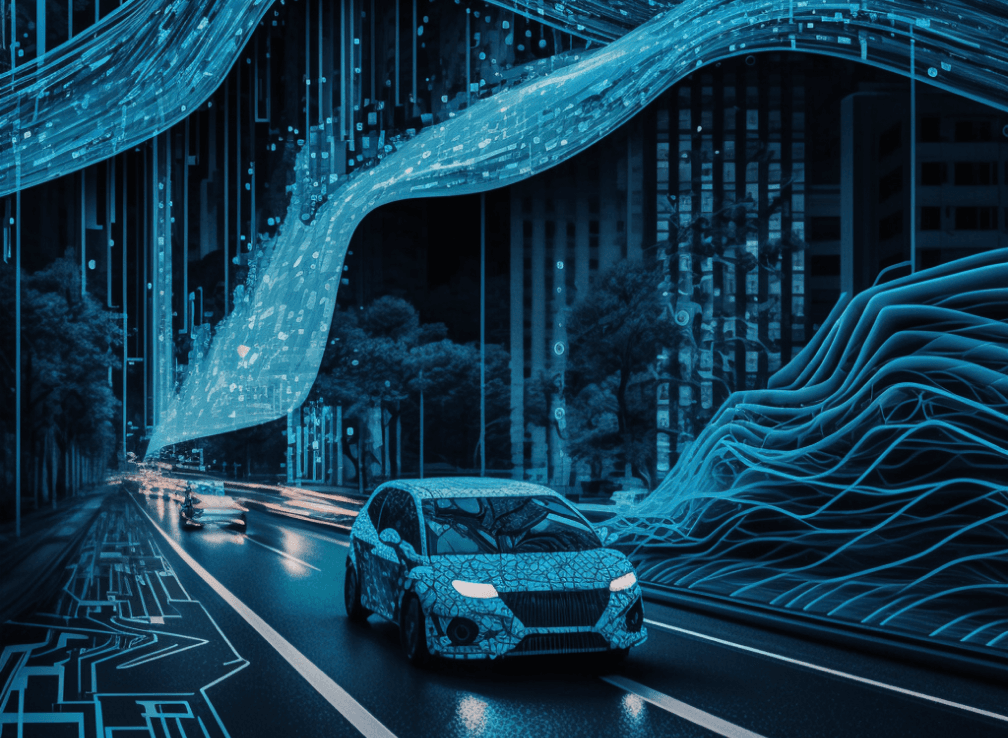 Ein Auto fährt durch eine von Daten gebildete Stadtlandschaft